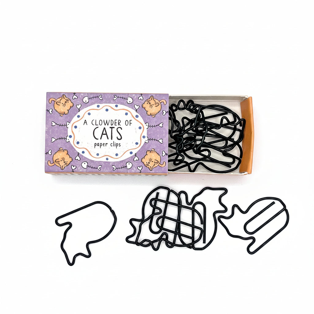 Cat shaped paper clips beside their illustrated matchbox style box