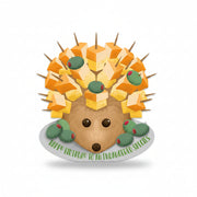 Cheese hedgehog die-cut birthday card front view on white background