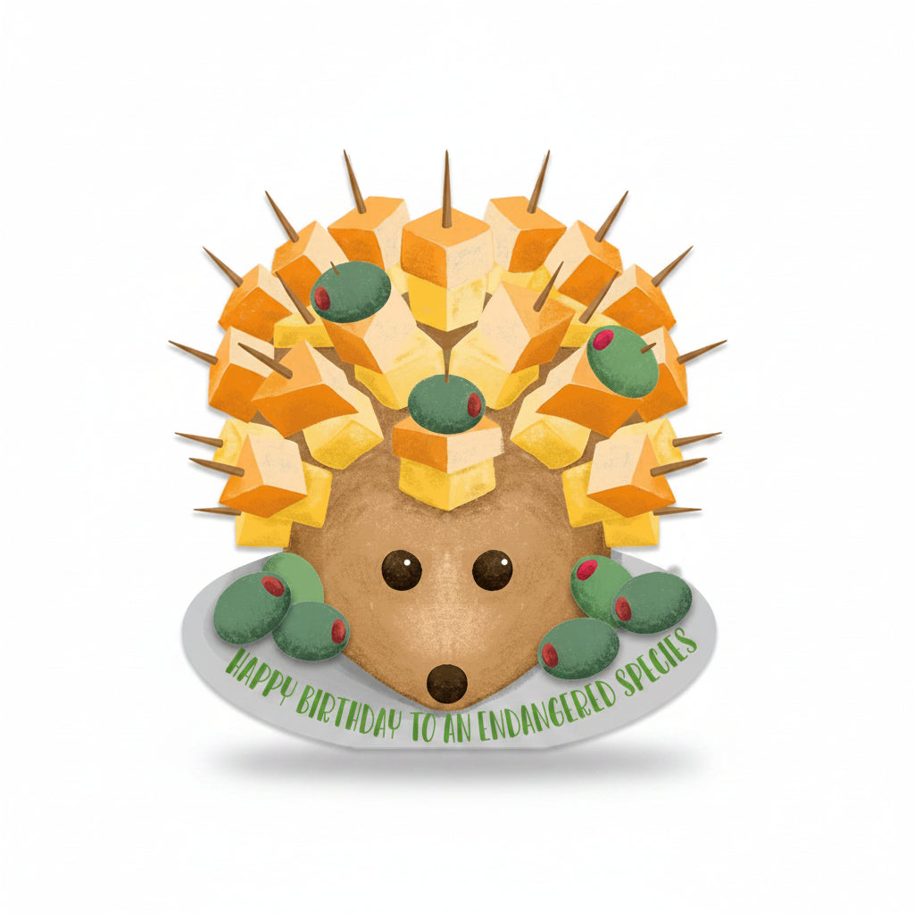 Cheese hedgehog die-cut birthday card front view on white background