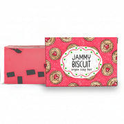 Jammy biscuit soap bar with illustrated pink box on white background