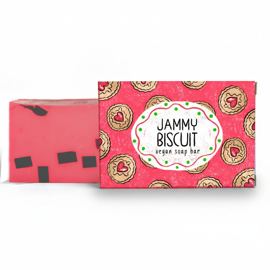 Jammy biscuit soap bar with illustrated pink box on white background
