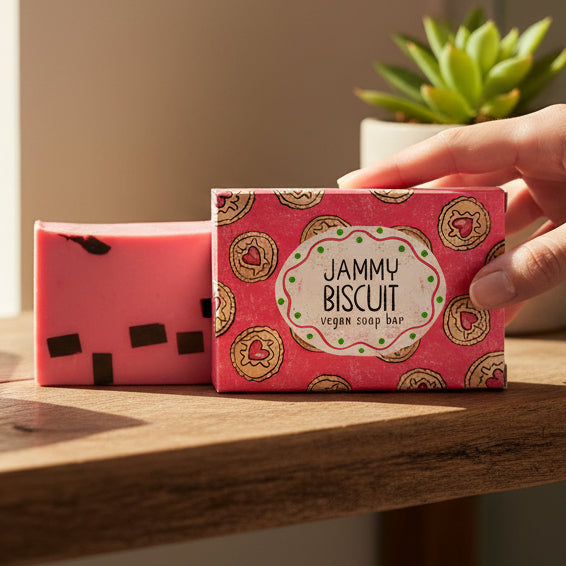 Jammy biscuit vegan soap bar and illustrated box on wooden table