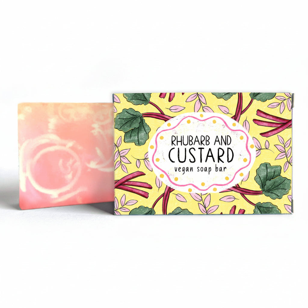 Rhubarb and custard soap with illustrated yellow-green box on white background