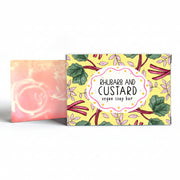 Rhubarb and custard soap with illustrated yellow-green box on white background