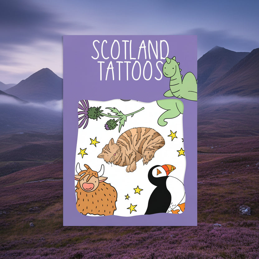 Scotland transfer tattoos pack with puffin, Highland cow and thistle designs