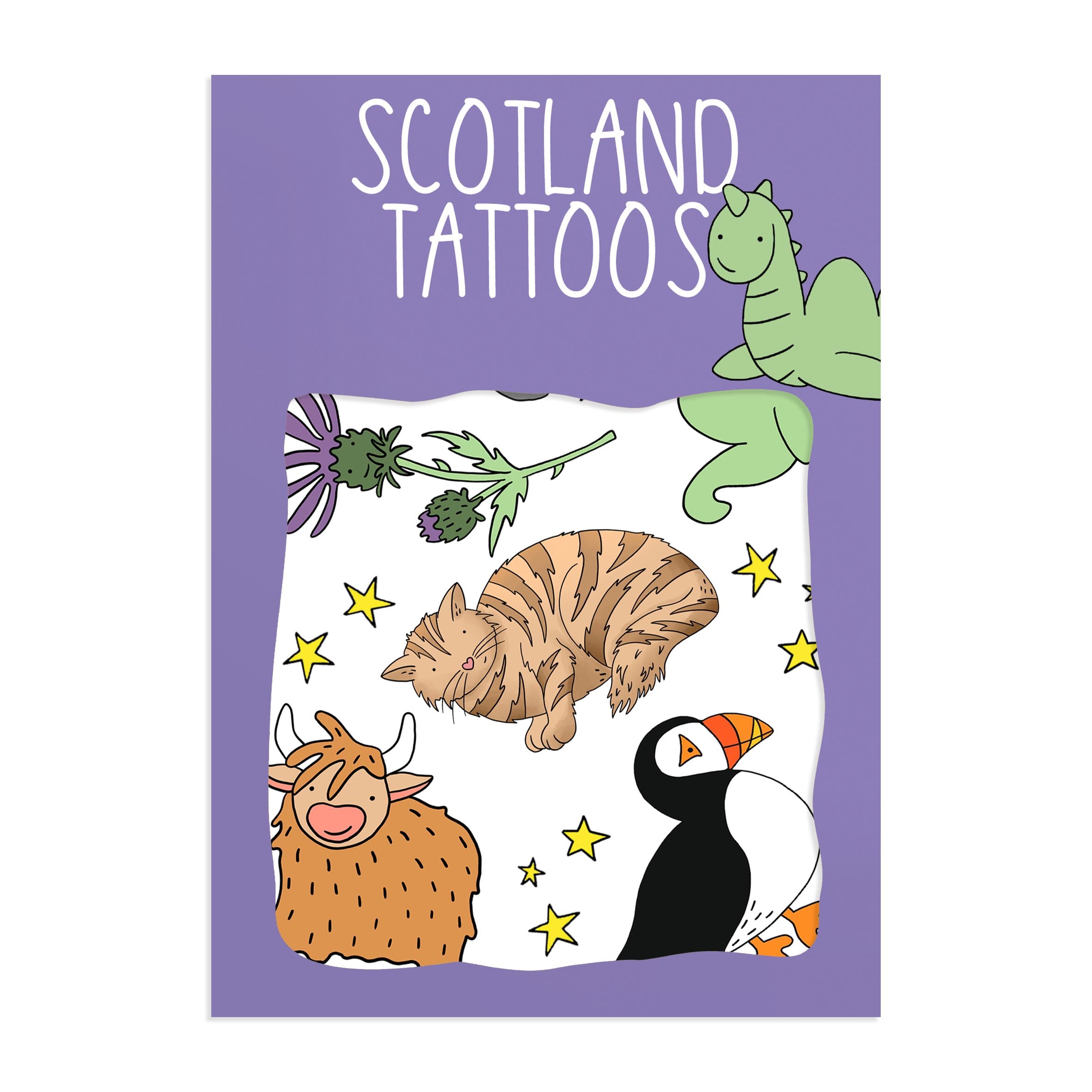 Scotland transfer tattoos pack with puffin, Highland cow and thistle designs