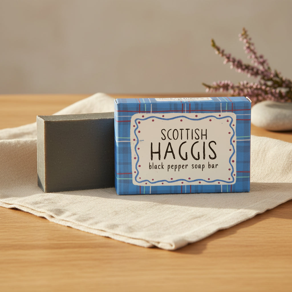 Scottish Haggis black pepper soap bar in blue patterned packaging