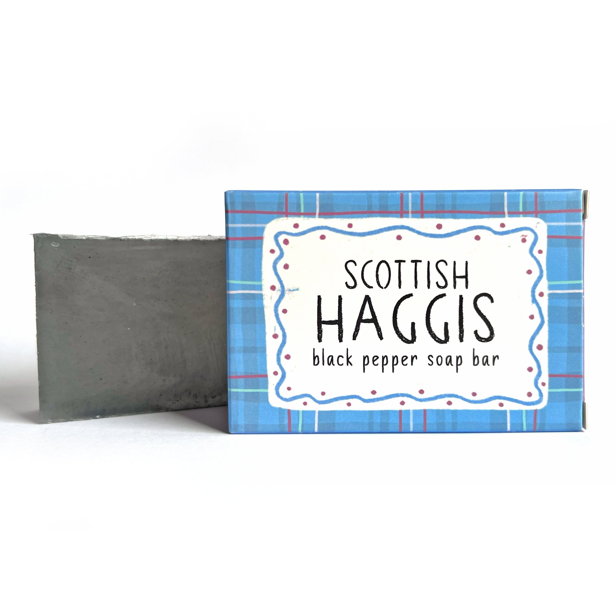 Scottish Haggis black pepper soap bar in blue patterned packaging