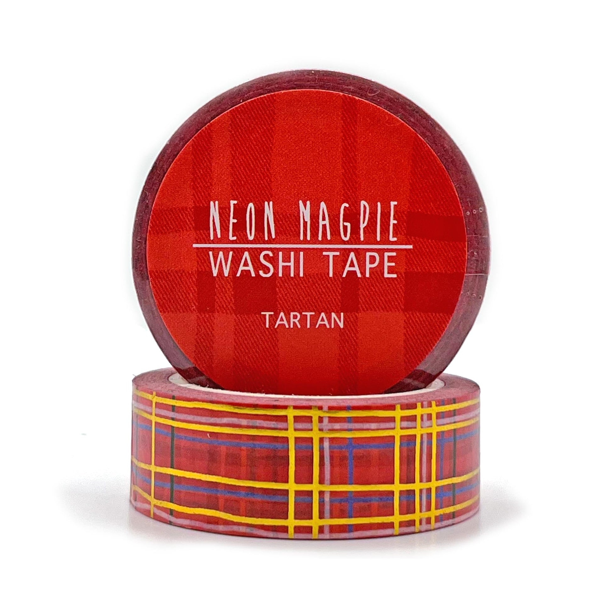Neon Magpie tartan washi tape in its branded round packaging