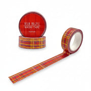Tartan washi tape roll partly unrolled beside its packaging