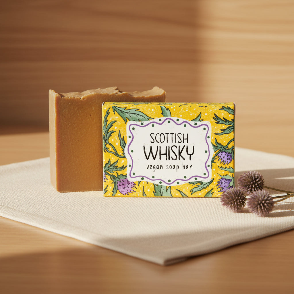 Vegan soap bar with a Scottish thistle design and 'Scottish Whisky' text on a yellow label.