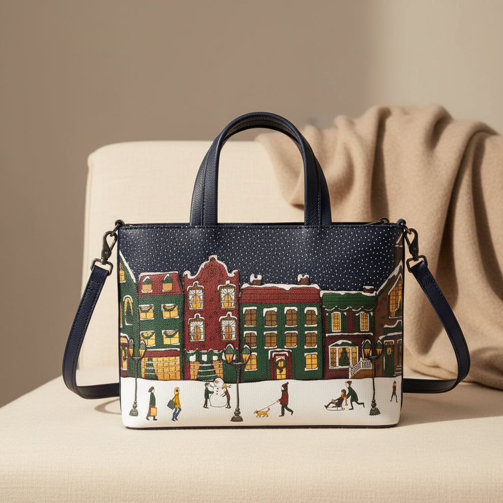 Magic Of Winter multiway grab bag shown with its winter village illustration in navy and cream