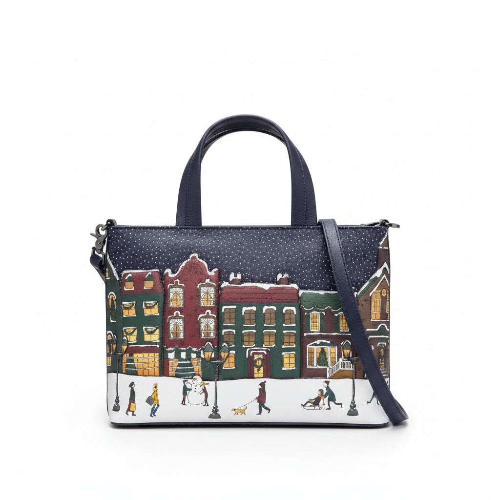 Magic Of Winter multiway grab bag with navy and white winter street scene design and navy handles