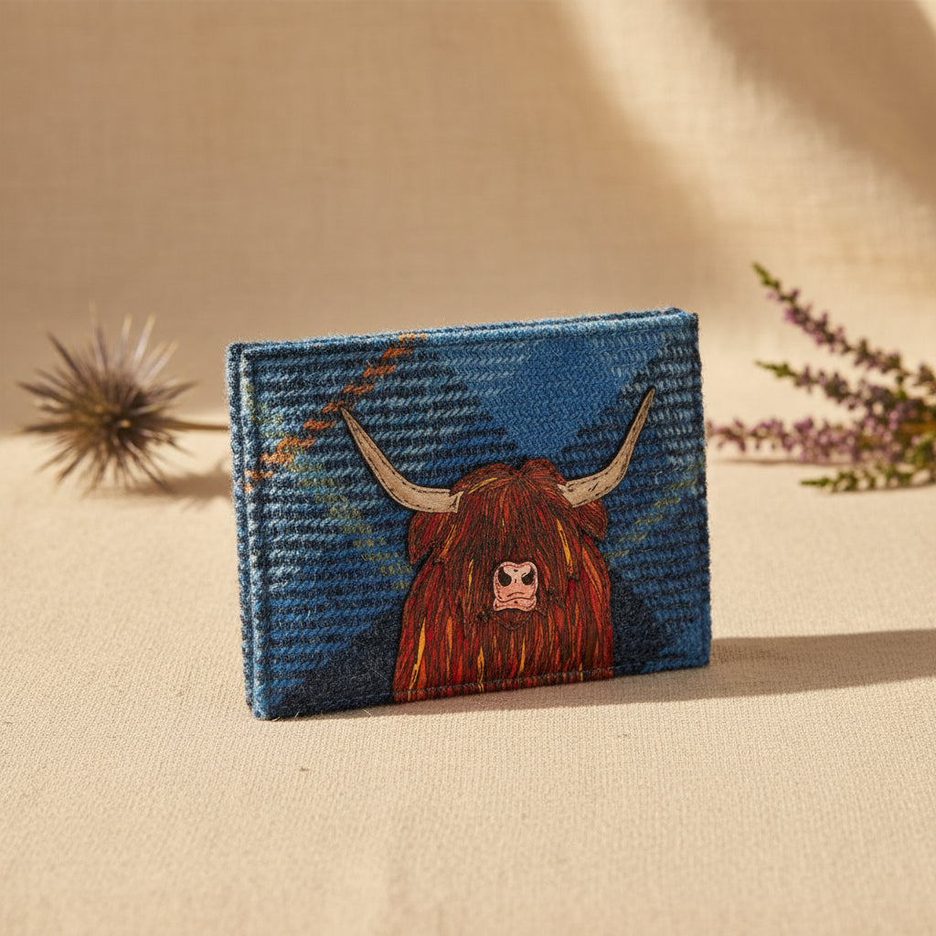 Highland cow card holder in blue tweed-effect vegan leather, front detail