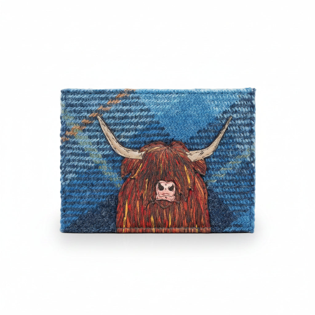 Highland cow card holder in blue tweed-effect vegan leather, front view on grey
