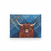 Highland cow card holder in blue tweed-effect vegan leather, front view on grey