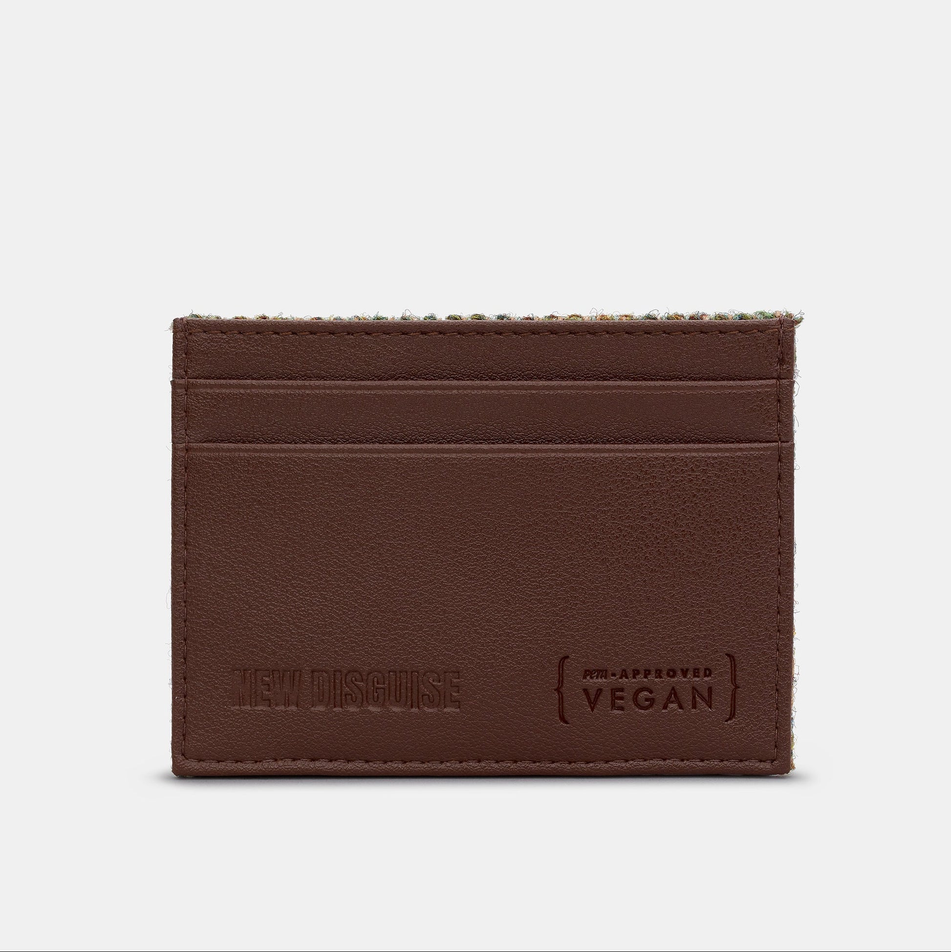 Highland cow card holder in green tweed-effect vegan leather, back view