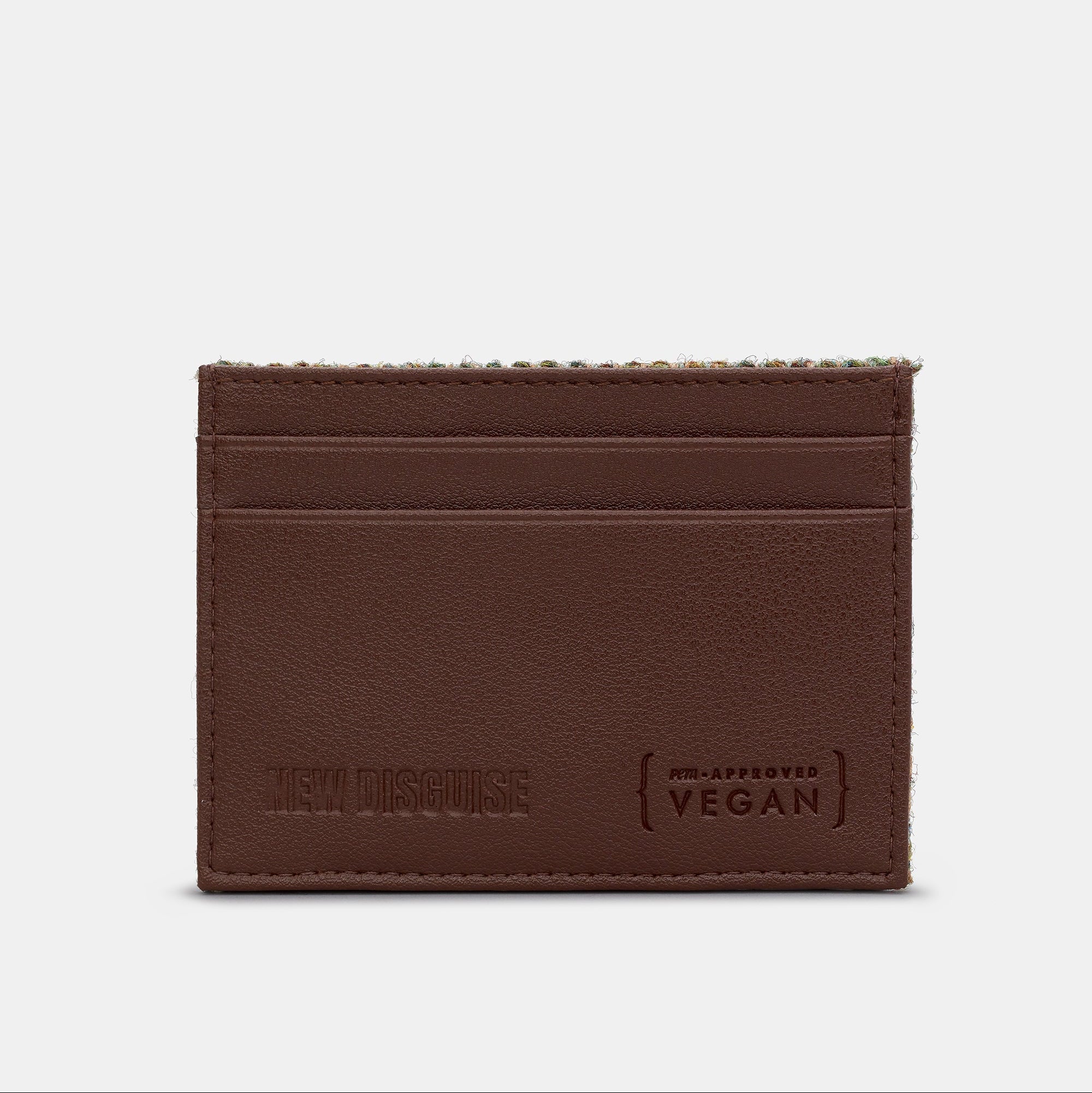 Highland cow card holder in green tweed-effect vegan leather, back view