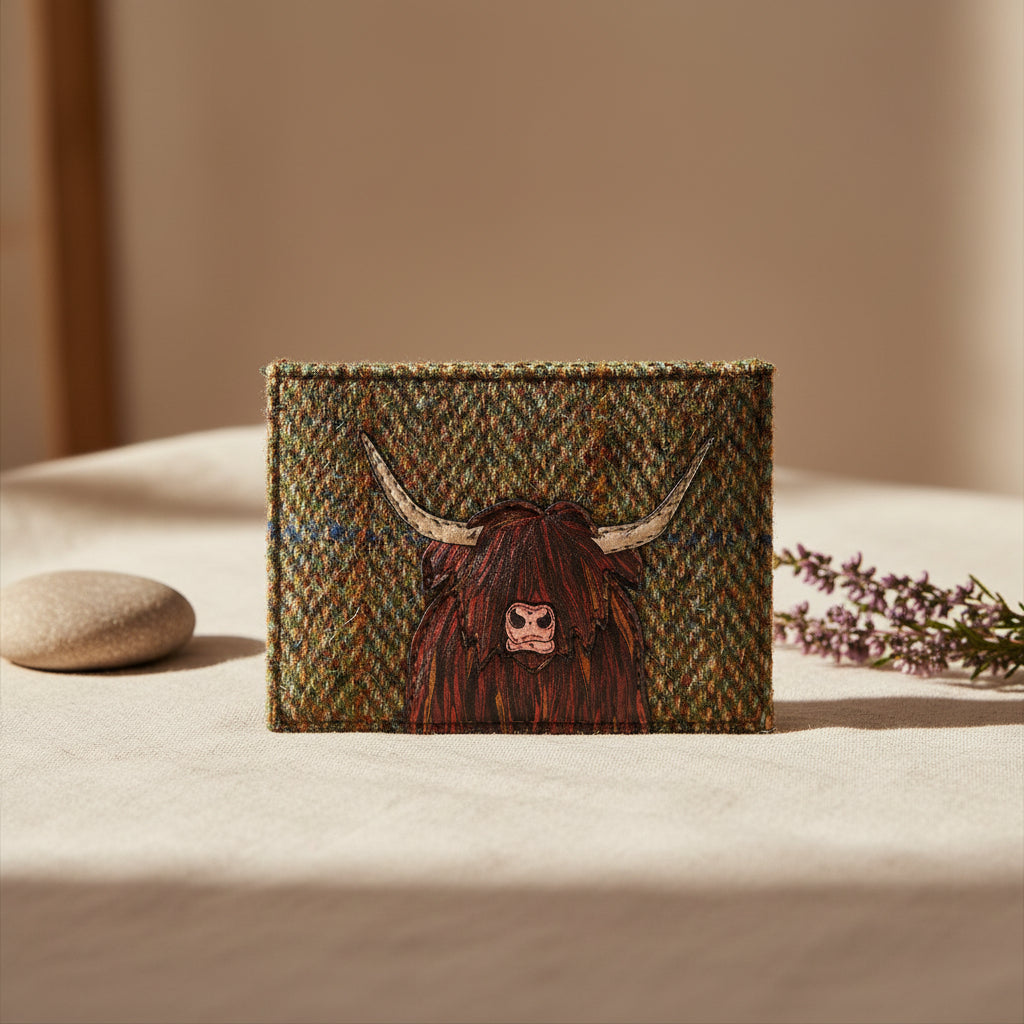 Highland cow card holder in green tweed-effect vegan leather, front detail