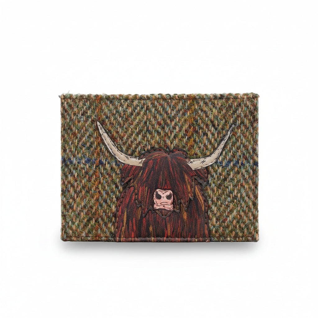 Highland cow card holder in green tweed-effect vegan leather, front view on grey