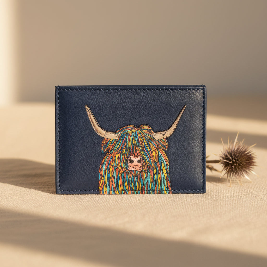 Highland cow card holder in navy vegan leather, front detail