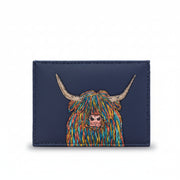 Highland cow card holder in navy vegan leather, front view on grey