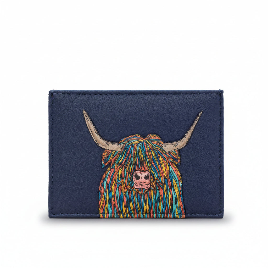 Highland cow card holder in navy vegan leather, front view on grey