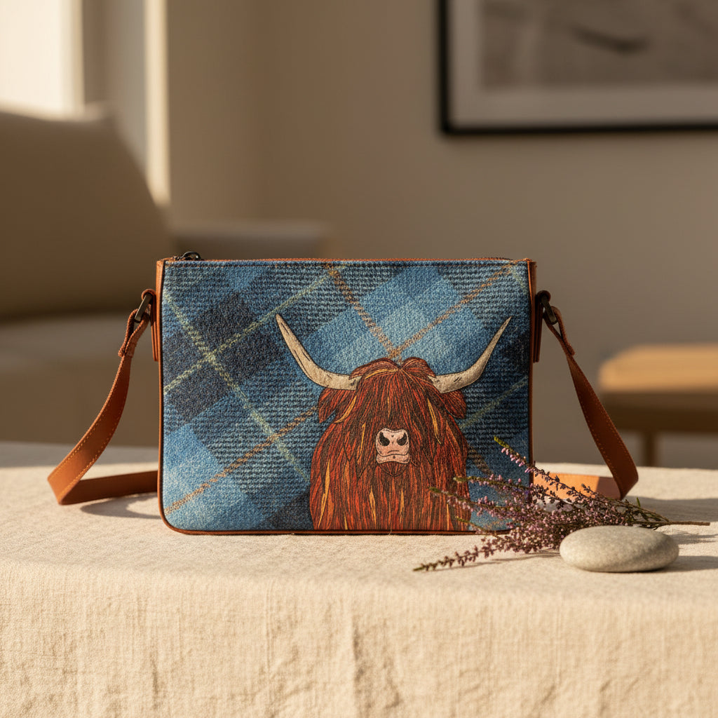 Highland cow cross body bag in blue tweed-effect vegan leather, front detail
