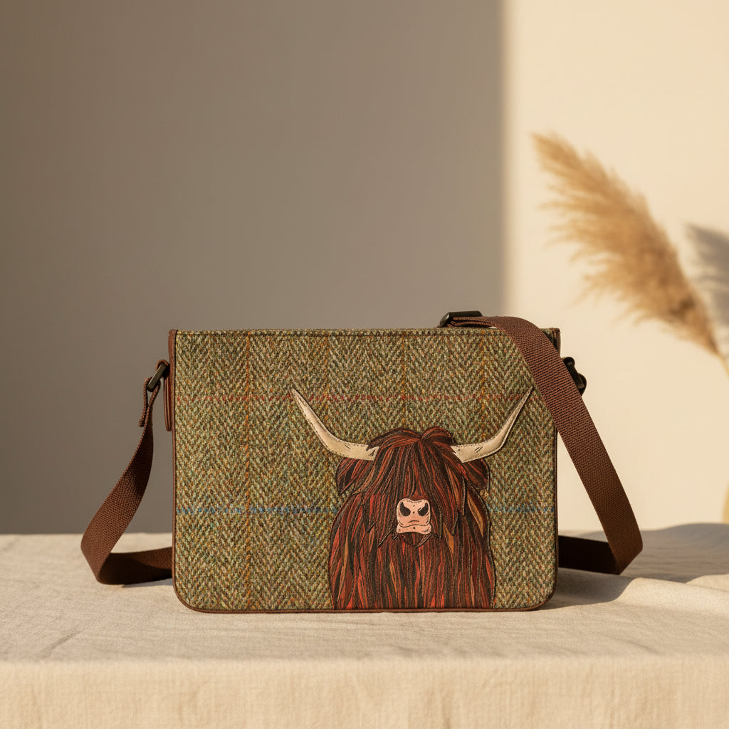 Highland cow cross body bag in green tweed-effect vegan leather, front detail