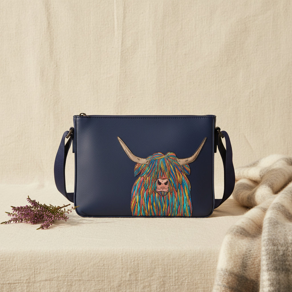Highland cow cross body bag in navy vegan leather, front detail