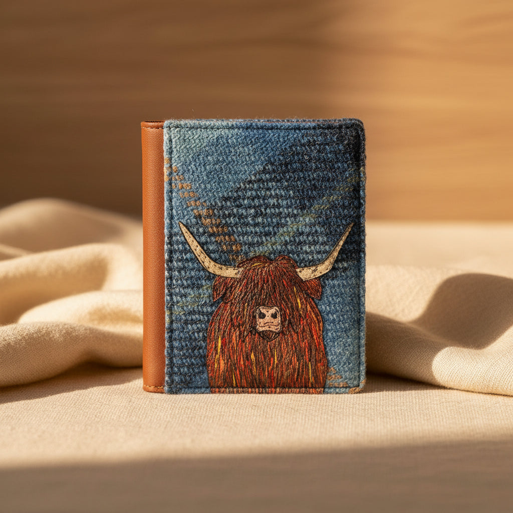 Highland cow flap-over card holder in blue tweed-effect vegan leather, front detail