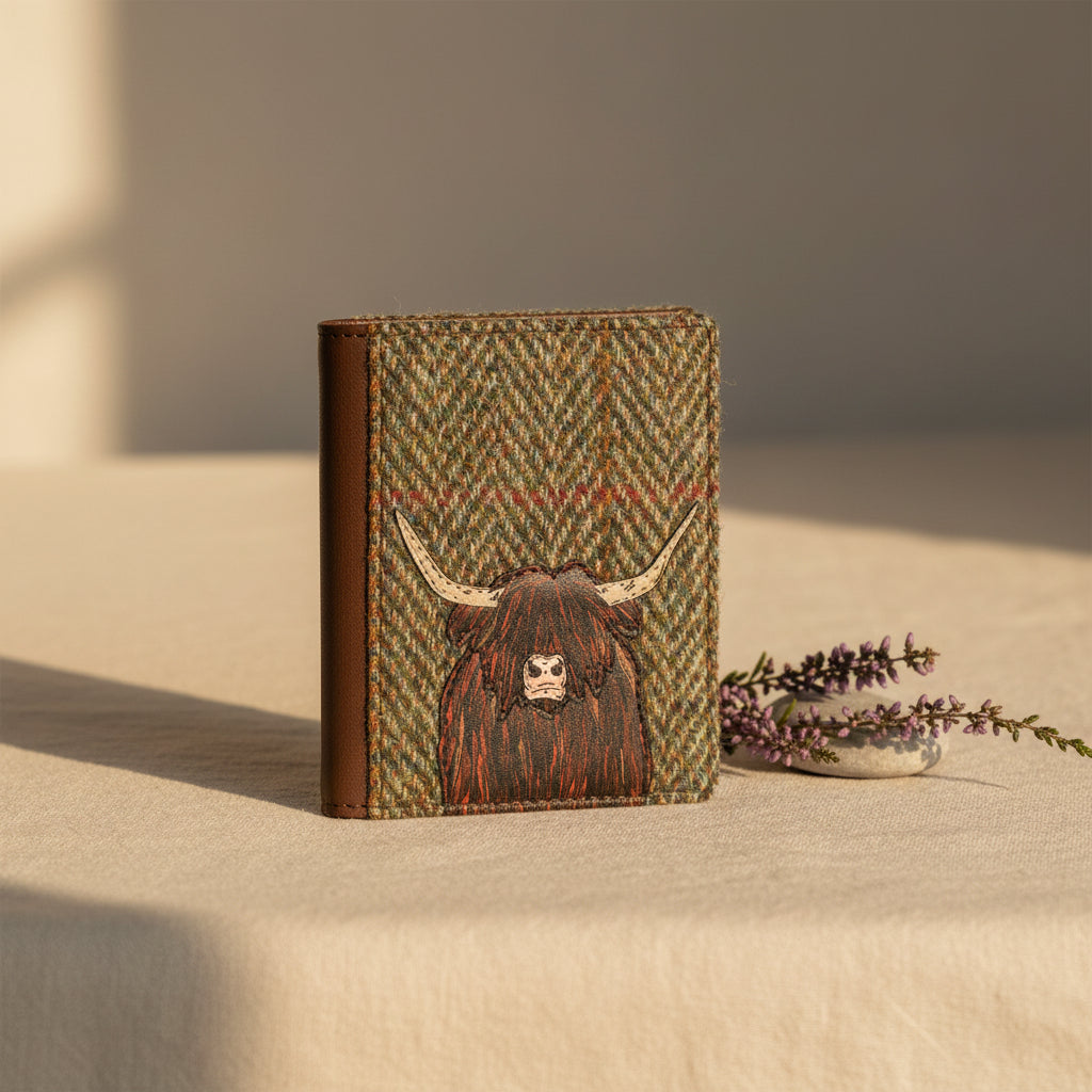 Highland cow flap-over card holder in green tweed-effect vegan leather, front detail