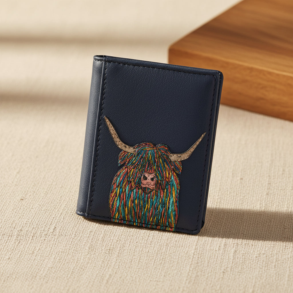 Highland cow flap-over card holder in navy vegan leather, front detail