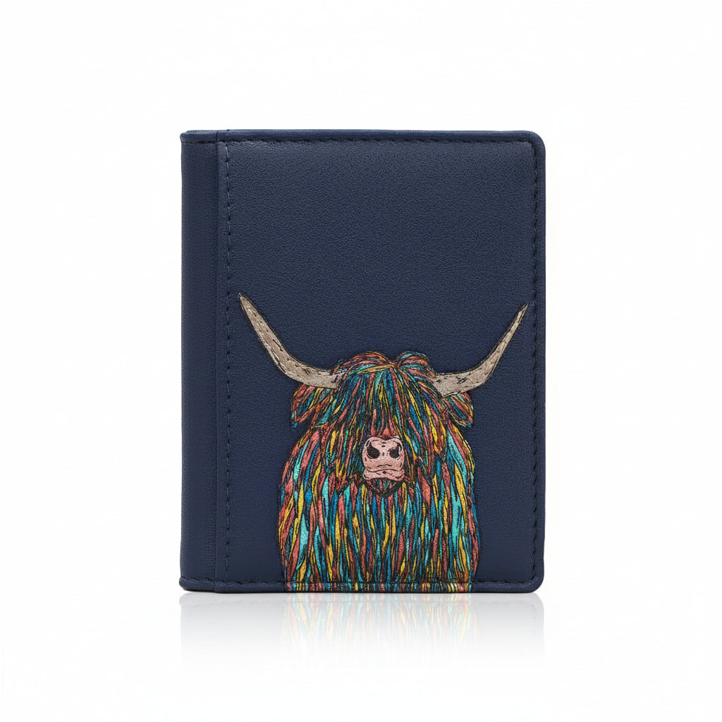 Highland cow flap-over card holder in navy vegan leather, front view on grey