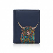 Highland cow flap-over card holder in navy vegan leather, front view on grey
