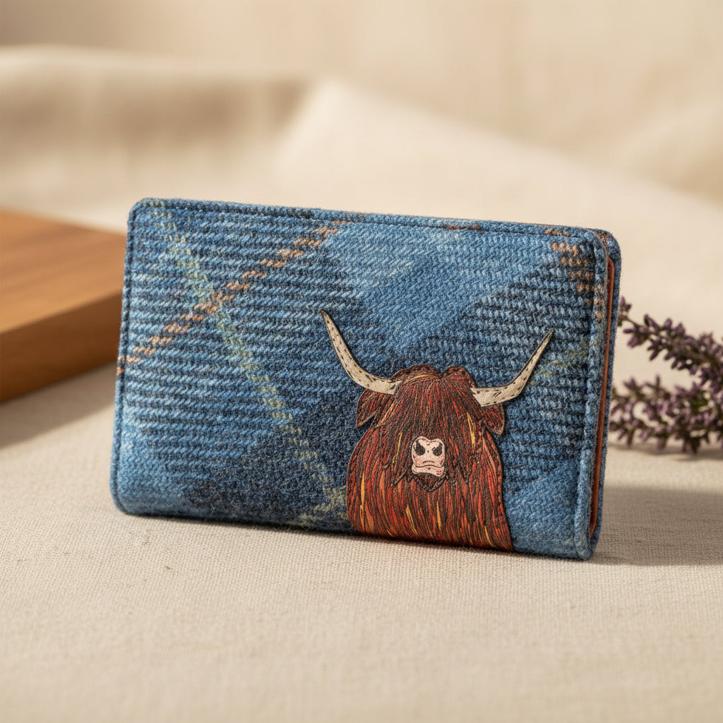Highland cow flap-over purse in blue tweed-effect vegan leather, front detail