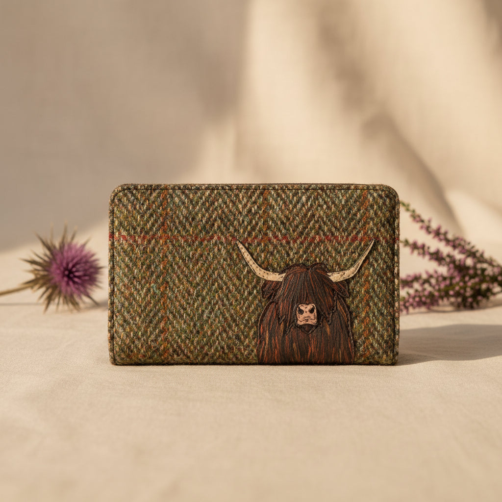 Highland cow flap-over purse in green tweed-effect vegan leather, front detail