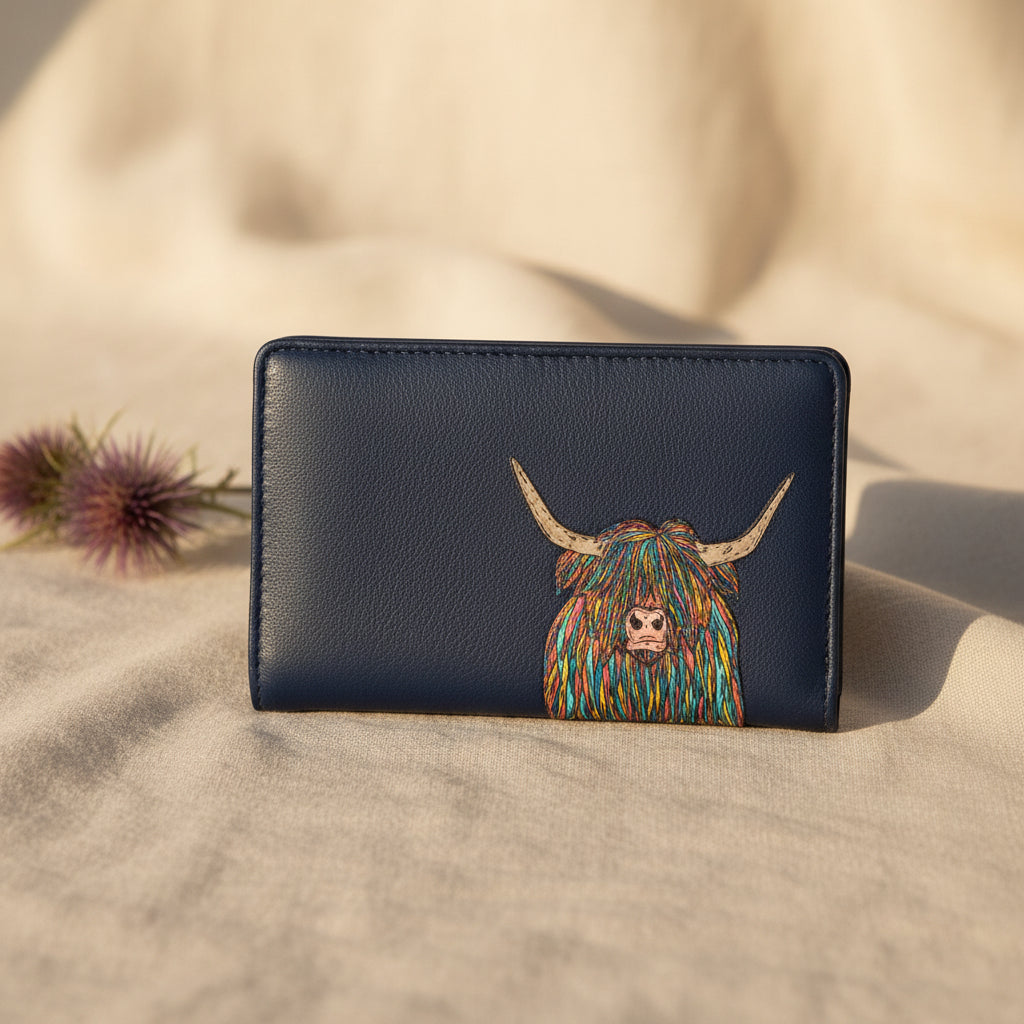 Highland cow flap-over purse in navy vegan leather, front detail