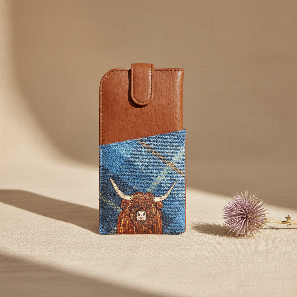 Highland cow glasses case in blue tweed-effect vegan leather, front detail