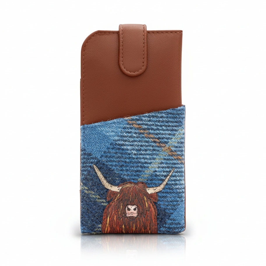 Highland cow glasses case in blue tweed-effect vegan leather, front view on grey