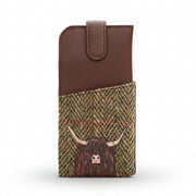 Highland cow glasses case in green tweed-effect vegan leather, front view on grey