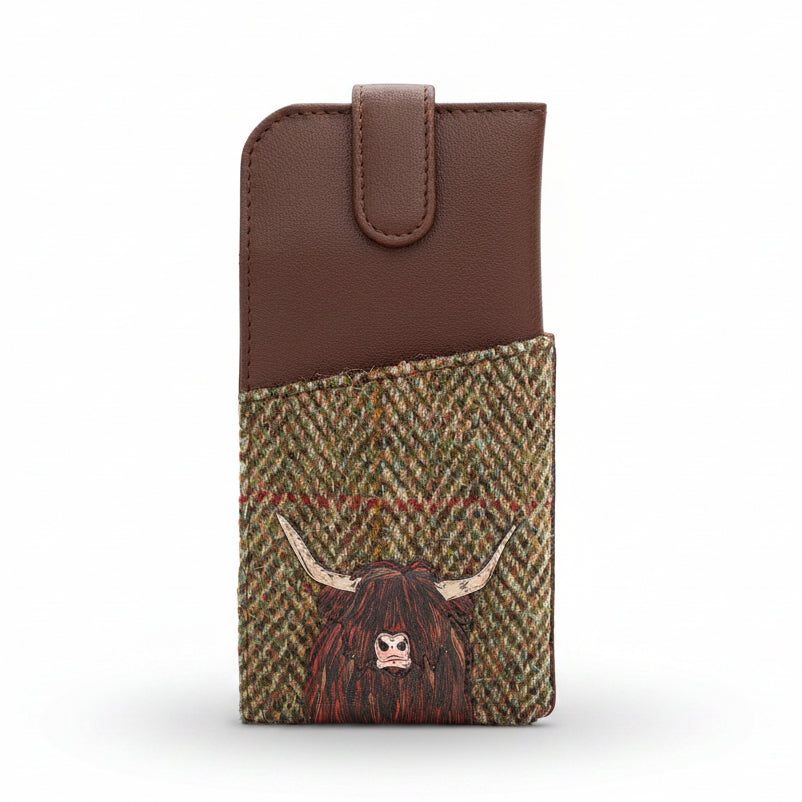Highland cow glasses case in green tweed-effect vegan leather, front view on grey