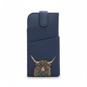 Highland cow glasses case in navy vegan leather, front detail