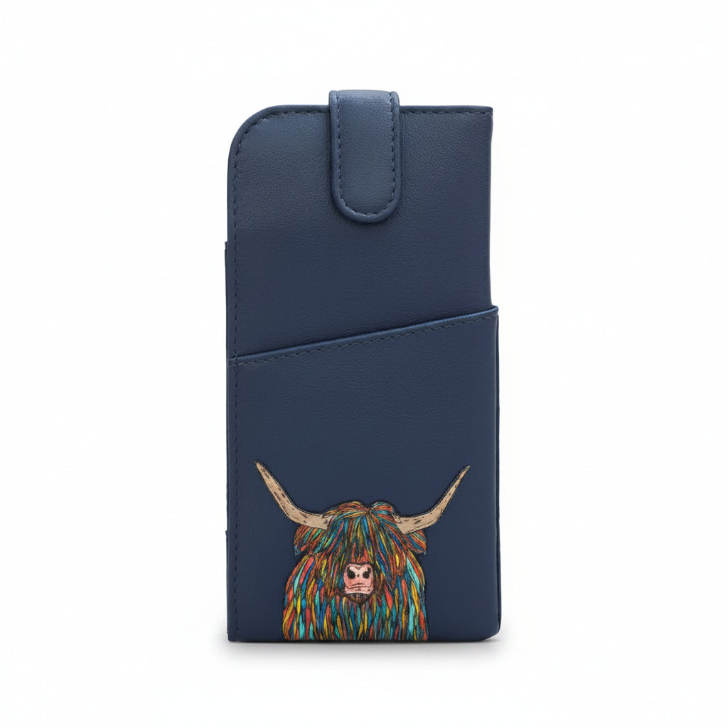 Highland cow glasses case in navy vegan leather, front detail