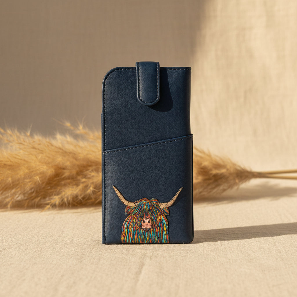 Highland cow glasses case in navy vegan leather, front view on grey