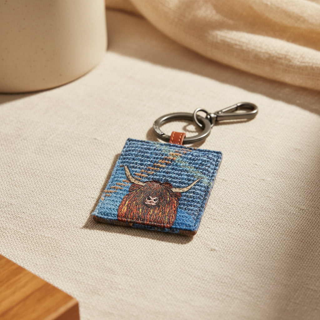 Highland cow keyring in blue tweed-effect vegan leather, front detail