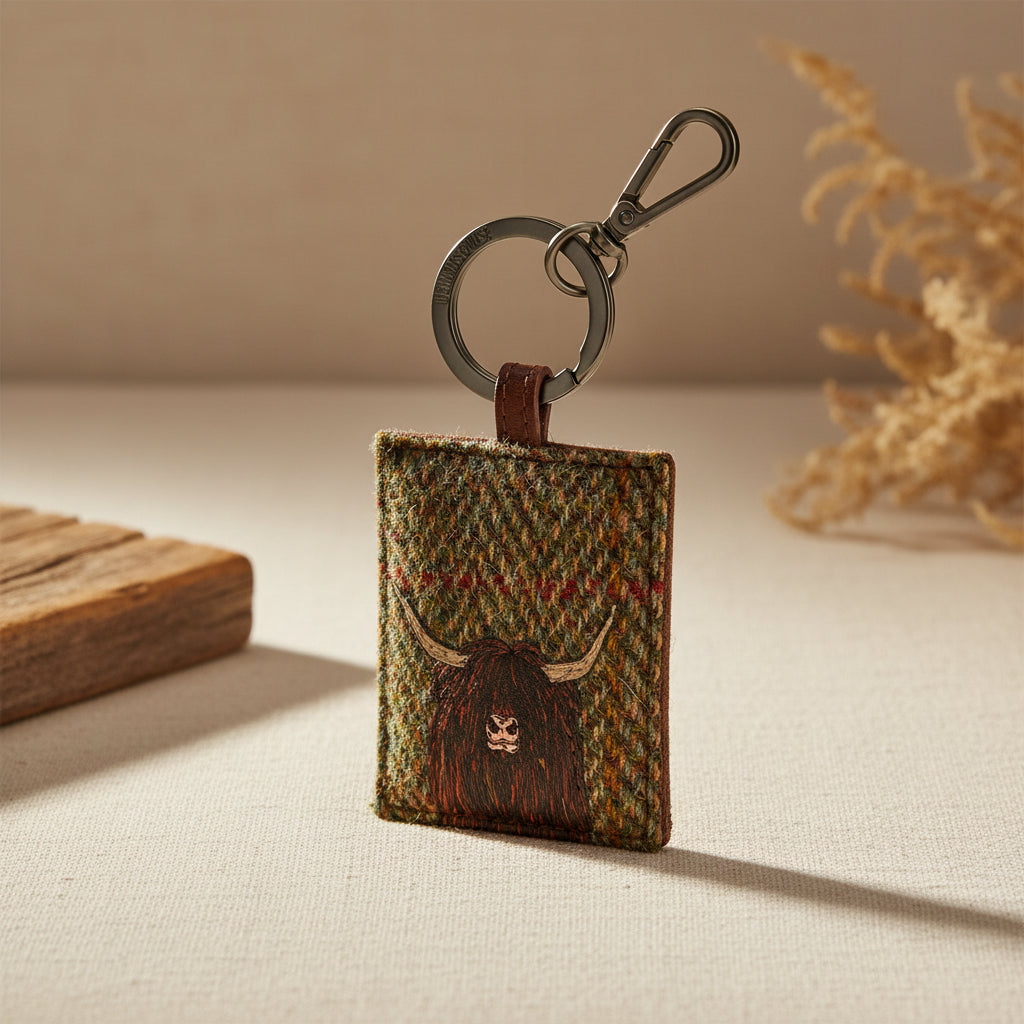 Highland cow keyring in green tweed-effect vegan leather, front detail