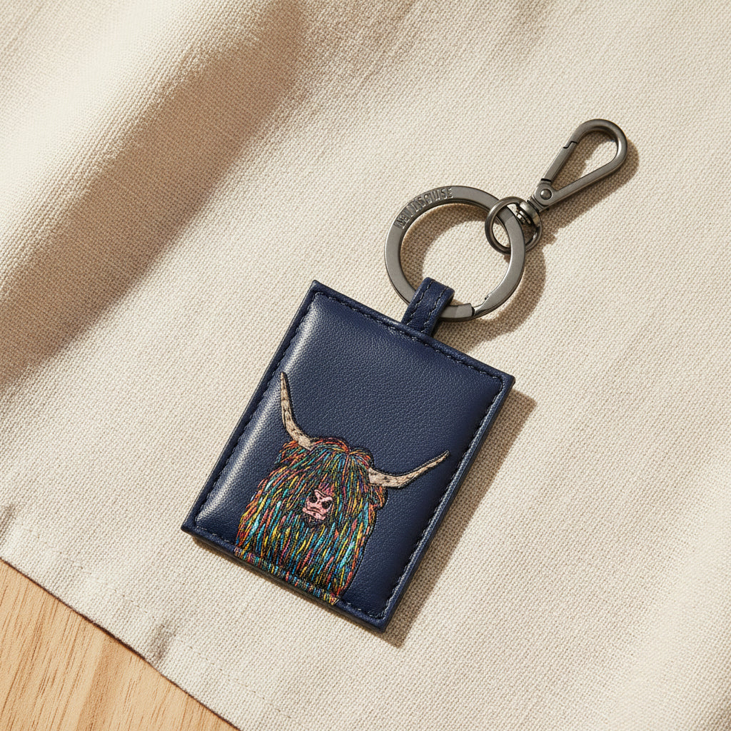Navy leather key fob with a colorful highland cow design on a white background