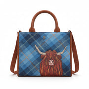 Highland cow tote bag in blue tweed-effect vegan leather, front detail