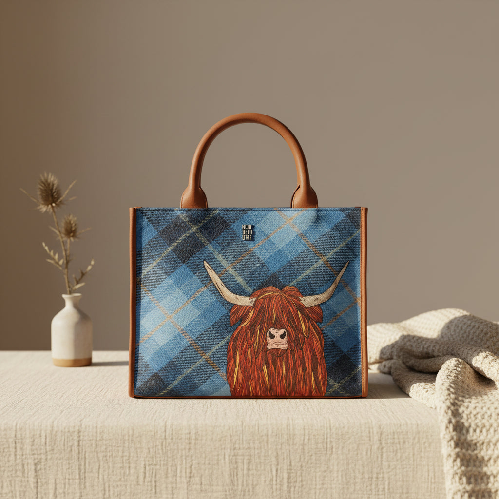 Highland cow tote bag in blue tweed-effect vegan leather, front view on grey